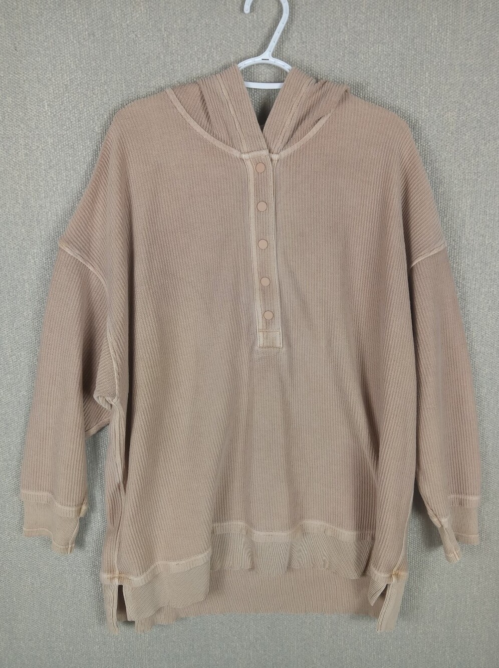 Aerie Ribbed Henley Pullover Hoodie XL Tan Sweatshirt Oversized Loungewear Boho